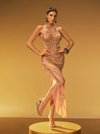 Halterneck Rhinestone Maxi Dress In Gold