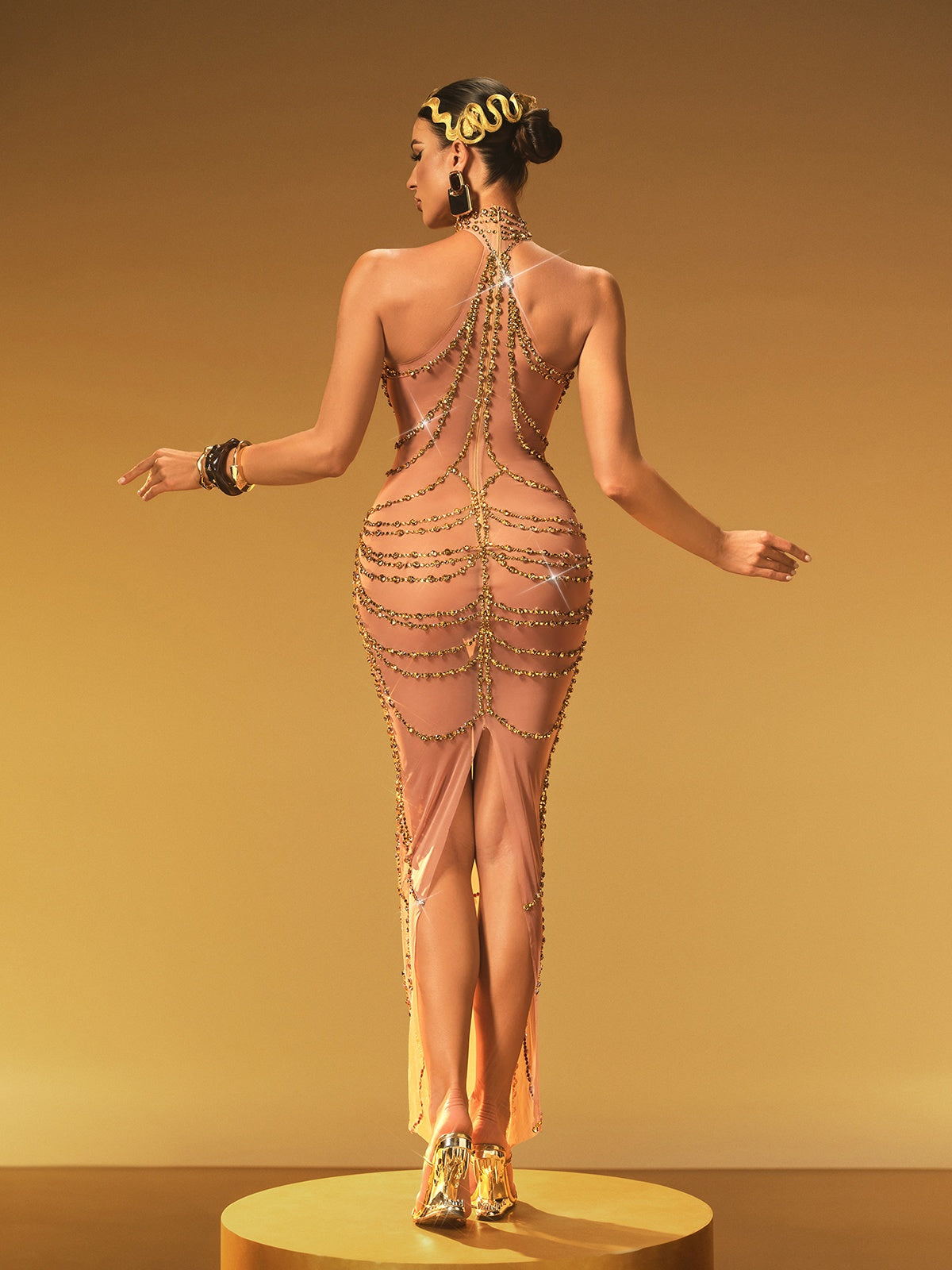 Halterneck Rhinestone Maxi Dress In Gold