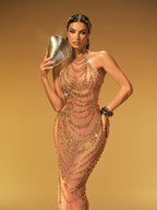 Halterneck Rhinestone Maxi Dress In Gold