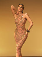 Halterneck Rhinestone Maxi Dress In Gold
