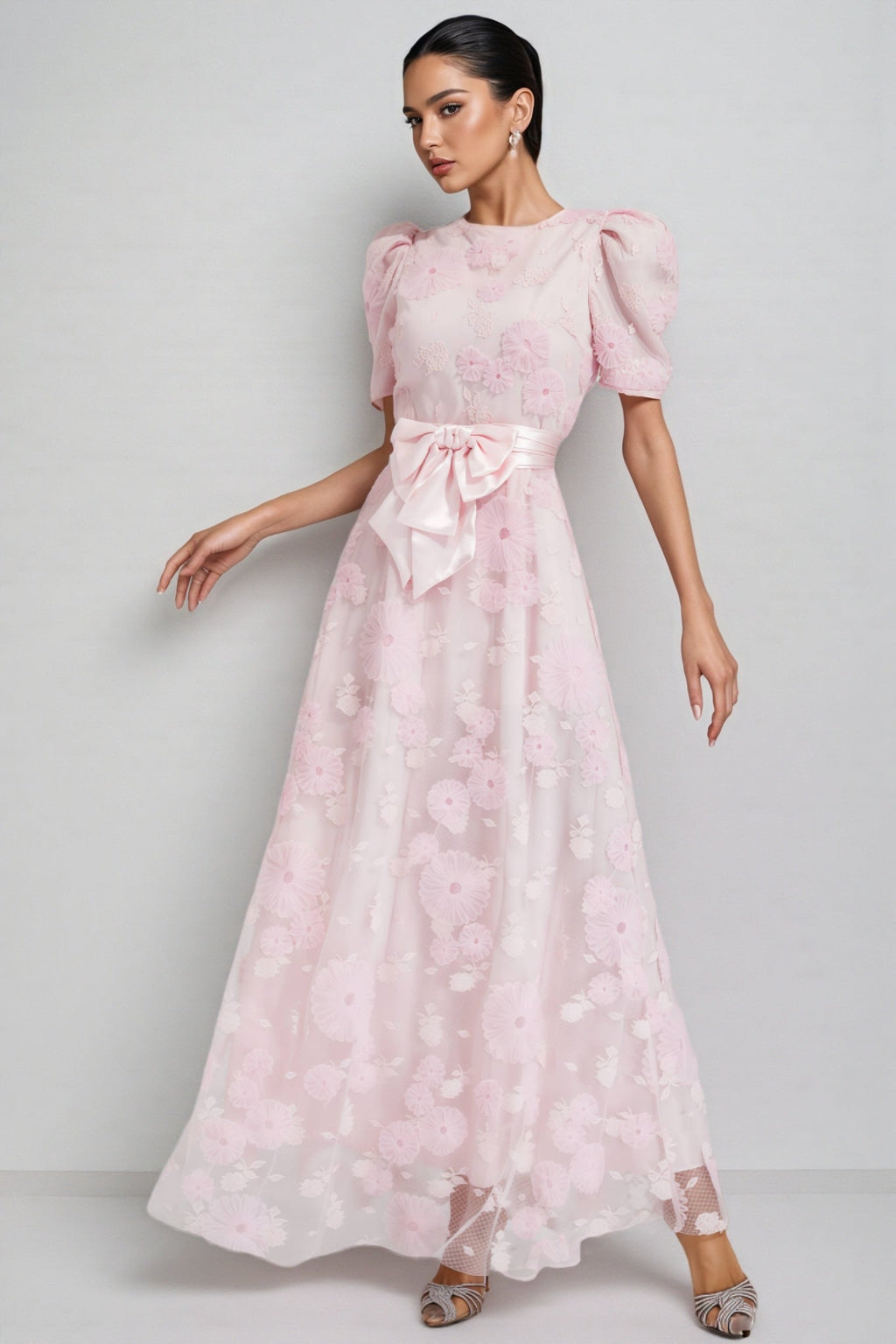 Yelen Pink Bow 3D Flower Maxi Dress