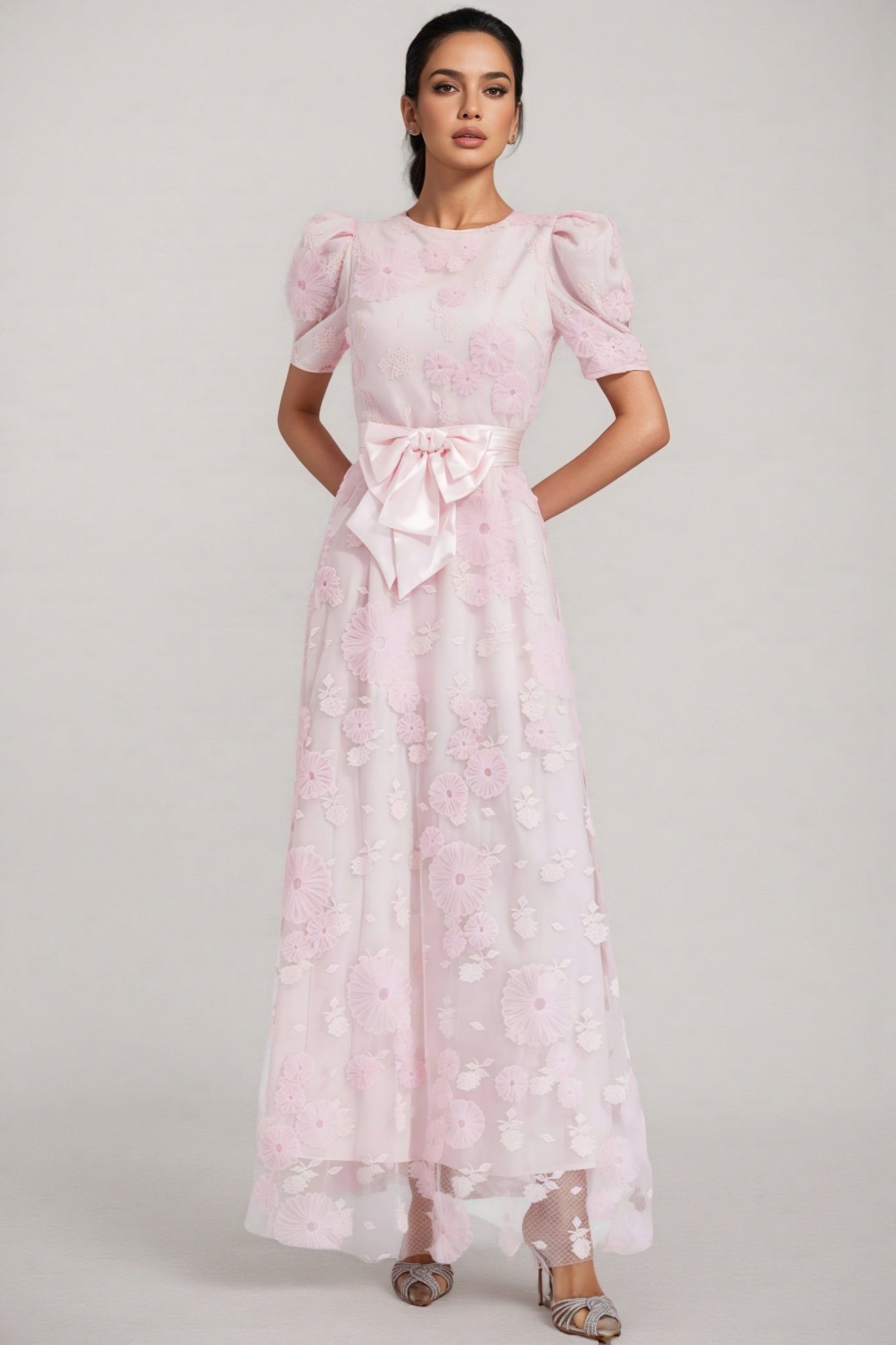 Yelen Pink Bow 3D Flower Maxi Dress