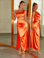 One Shoulder Cut Out Satin Slit Dress
