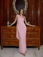 One Shoulder Decoration Trim Solid Bodycon Dress