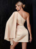 One Shoulder Drape Side Cut Out Satin Dress