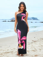 One Shoulder Floral Slit Hem Bodycon Dress