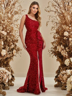 One Shoulder Red Sequined Ruffles Slit Evening Party Backless Lace Party Dress