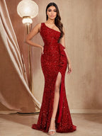 One Shoulder Red Sequined Ruffles Slit Evening Party Backless Lace Party Dress