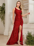 One Shoulder Red Sequined Ruffles Slit Evening Party Backless Lace Party Dress