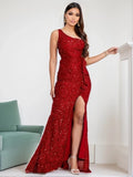 One Shoulder Red Sequined Ruffles Slit Evening Party Backless Lace Party Dress