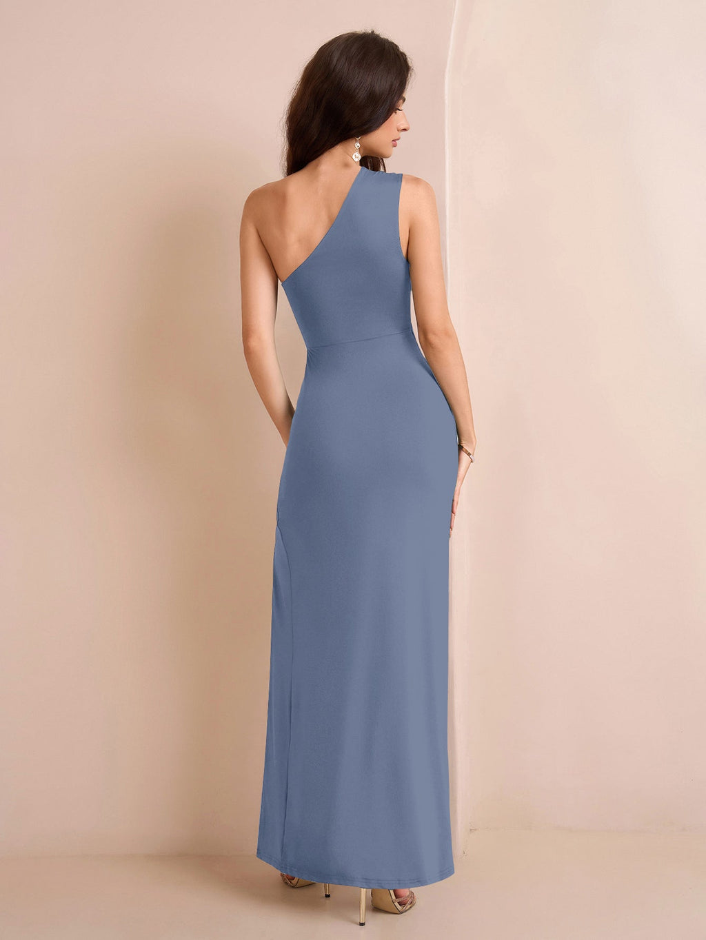 One Shoulder Ruched Waist Split Thigh Solid Dress