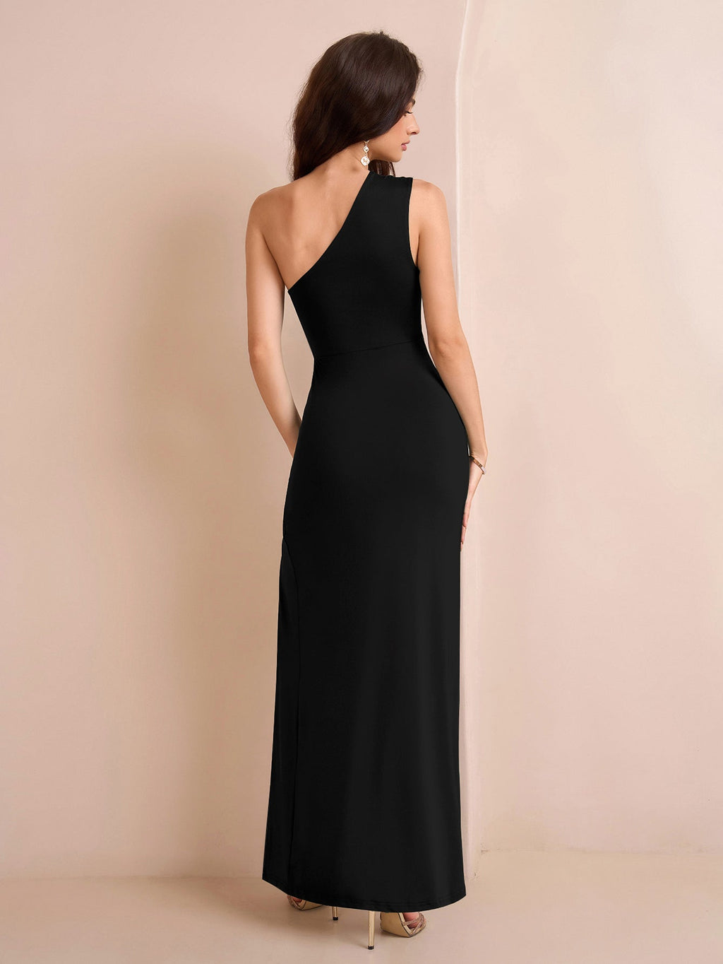 One Shoulder Ruched Waist Split Thigh Solid Dress