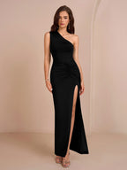 One Shoulder Ruched Waist Split Thigh Solid Dress