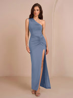 One Shoulder Ruched Waist Split Thigh Solid Dress