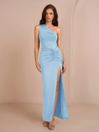 One Shoulder Ruched Waist Split Thigh Solid Dress