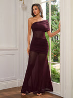 One Shoulder See Through Ruched Bodycon Dress