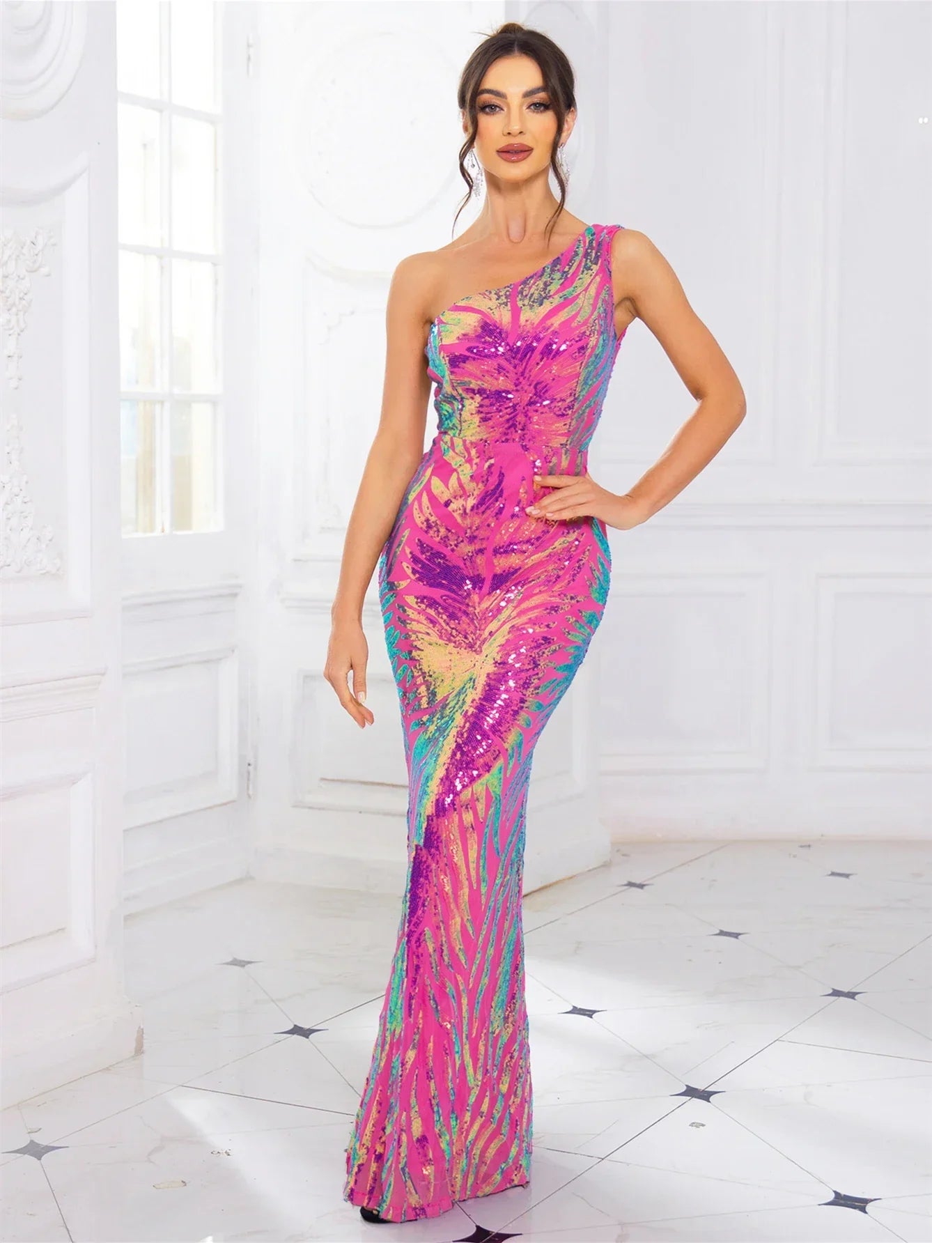 One-Shoulder Stretch Sequined Party Dress