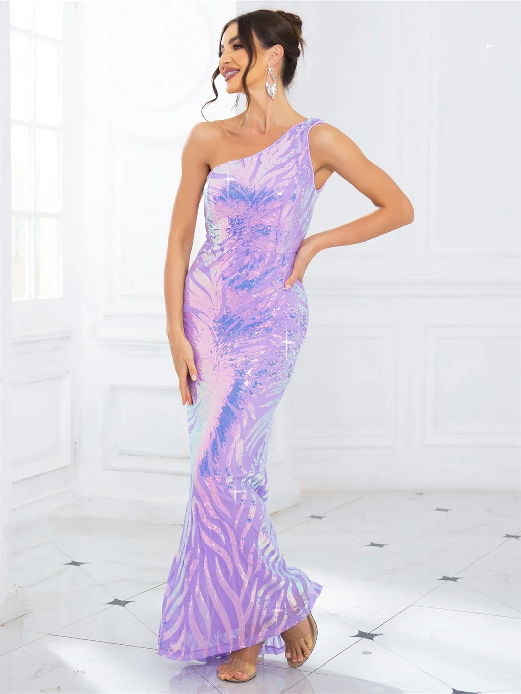 One-Shoulder Stretch Sequined Party Dress