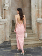 One Shoulder Tie Back Backless Jacquard Long Dress