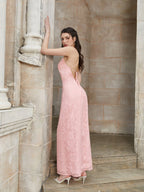 One Shoulder Tie Back Backless Jacquard Long Dress