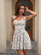 Openwork Corset Floral Print Cami Dress
