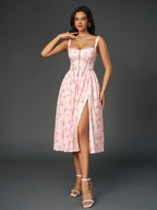 Openwork Split Thigh Pocket Floral Print Dress