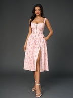 Openwork Split Thigh Pocket Floral Print Dress