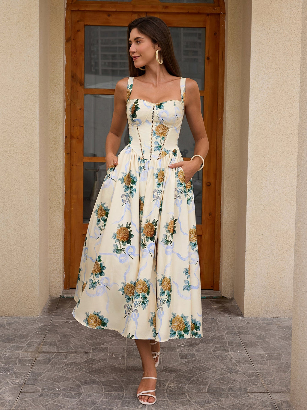 Openwork Split Thigh Pocket Floral Print Dress