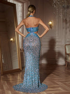 Halterneck Rhinestone Cutout Maxi Dress