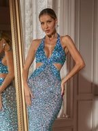 Halterneck Rhinestone Cutout Maxi Dress