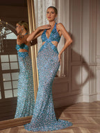 Halterneck Rhinestone Cutout Maxi Dress