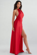 Izzy Solid Halter Neck Split Midi Dress