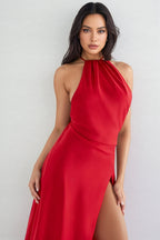 Izzy Solid Halter Neck Split Midi Dress