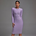 Round Neck Long Sleeve Striped Midi Bandage Dress