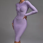 Round Neck Long Sleeve Striped Midi Bandage Dress