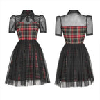 Daily Lace Organza Spliced Plaid Short Sleeve ALine Sexy Casual Gothic Dress