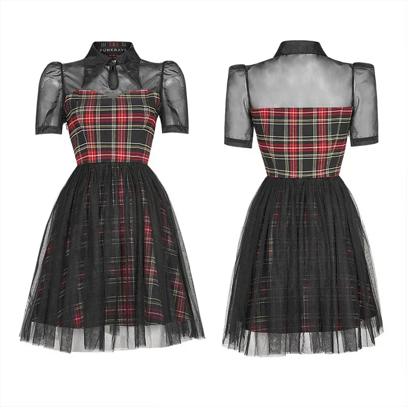 Daily Lace Organza Spliced Plaid Short Sleeve ALine Sexy Casual Gothic Dress