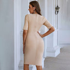 V Neck Short Sleeve Striped Midi Bandage Dress PZC1693