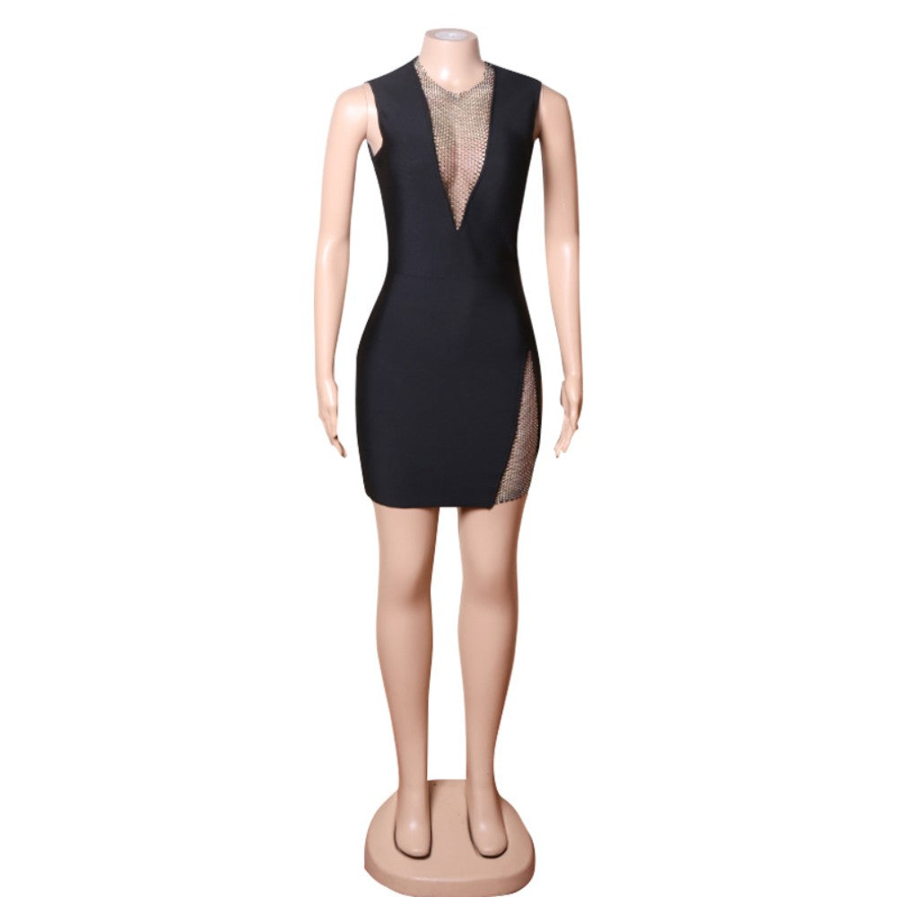 Round Neck Sleeveless Mini Rhinestone Bandage Dress PZL3004