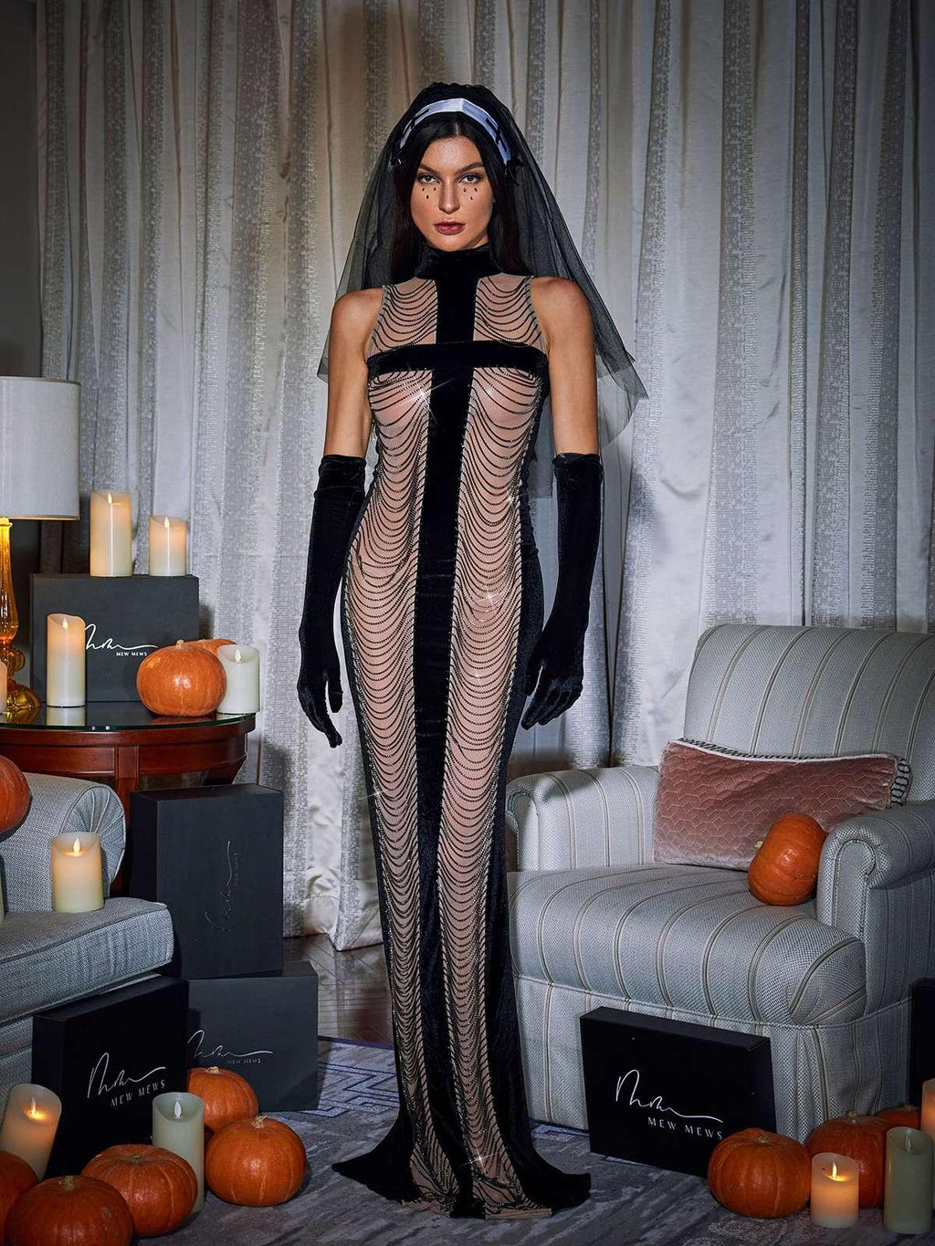 High Neck Chain Fringe Maxi Dress With Gloves In Black