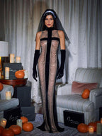 High Neck Chain Fringe Maxi Dress With Gloves In Black
