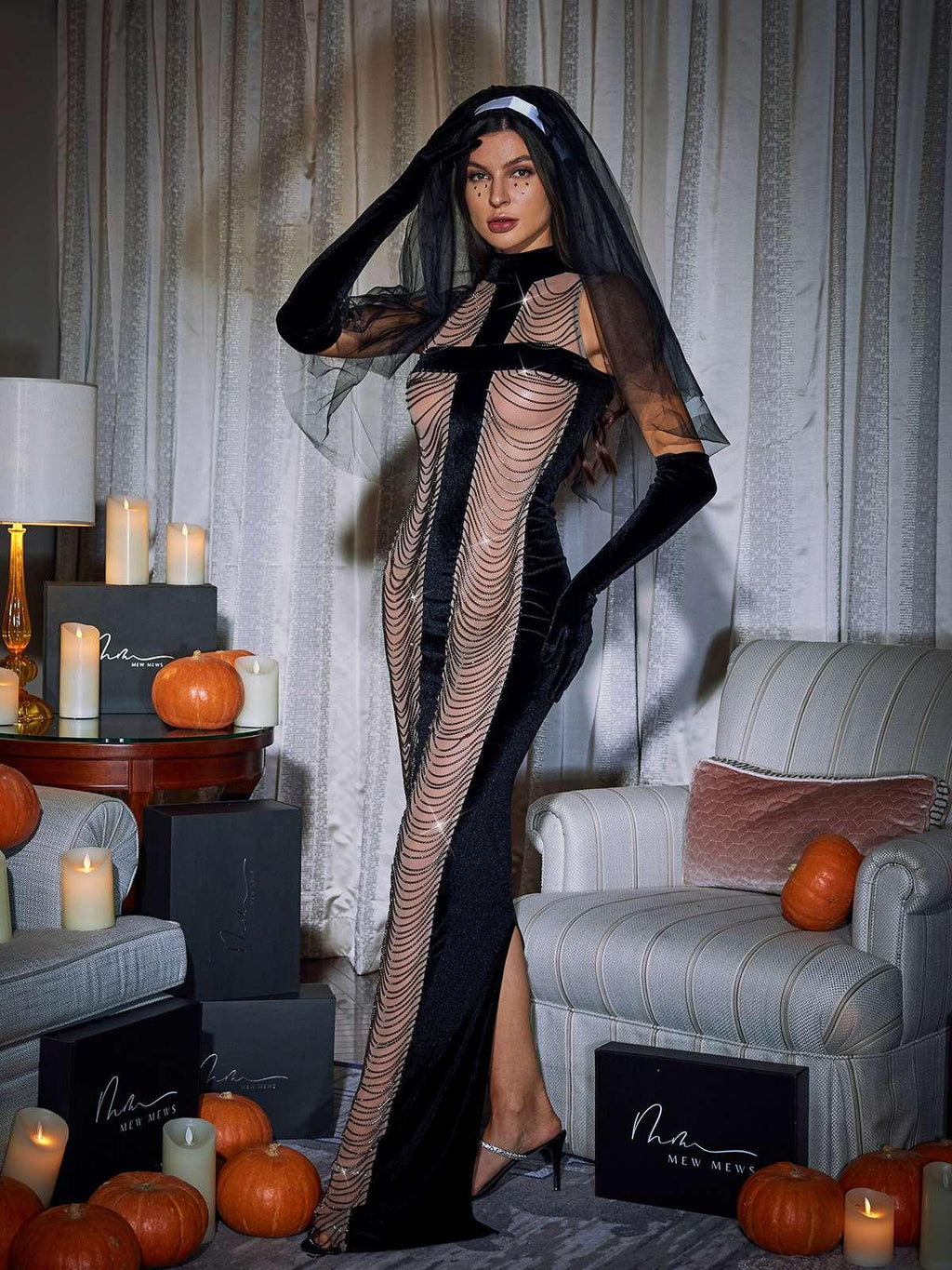 High Neck Chain Fringe Maxi Dress With Gloves In Black