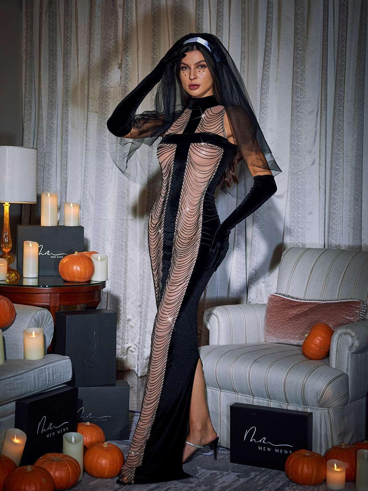 High Neck Chain Fringe Maxi Dress With Gloves In Black