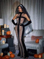 High Neck Chain Fringe Maxi Dress With Gloves In Black