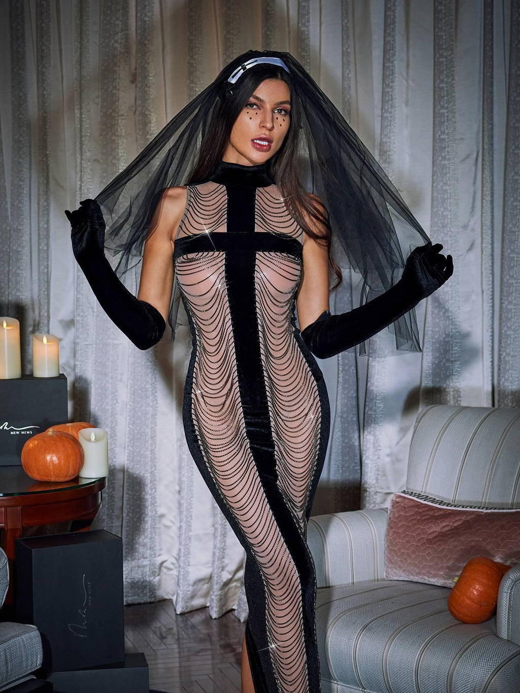 High Neck Chain Fringe Maxi Dress With Gloves In Black