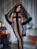 High Neck Chain Fringe Maxi Dress With Gloves In Black