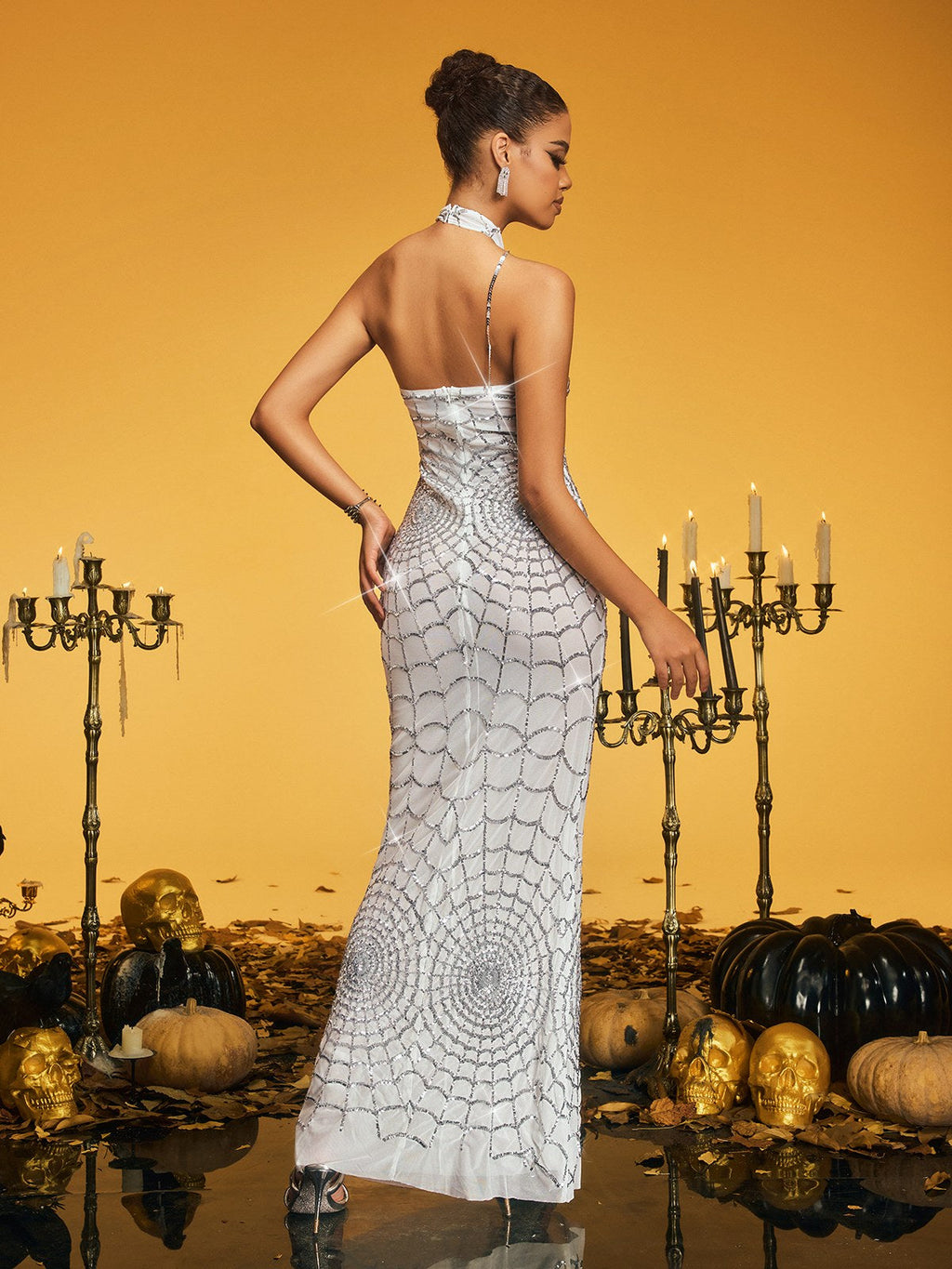 Halterneck Sequin Cobweb Maxi Dress