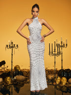 Halterneck Sequin Cobweb Maxi Dress