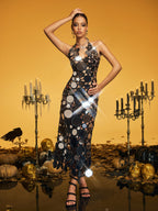 Halterneck Sequin Midi Dress