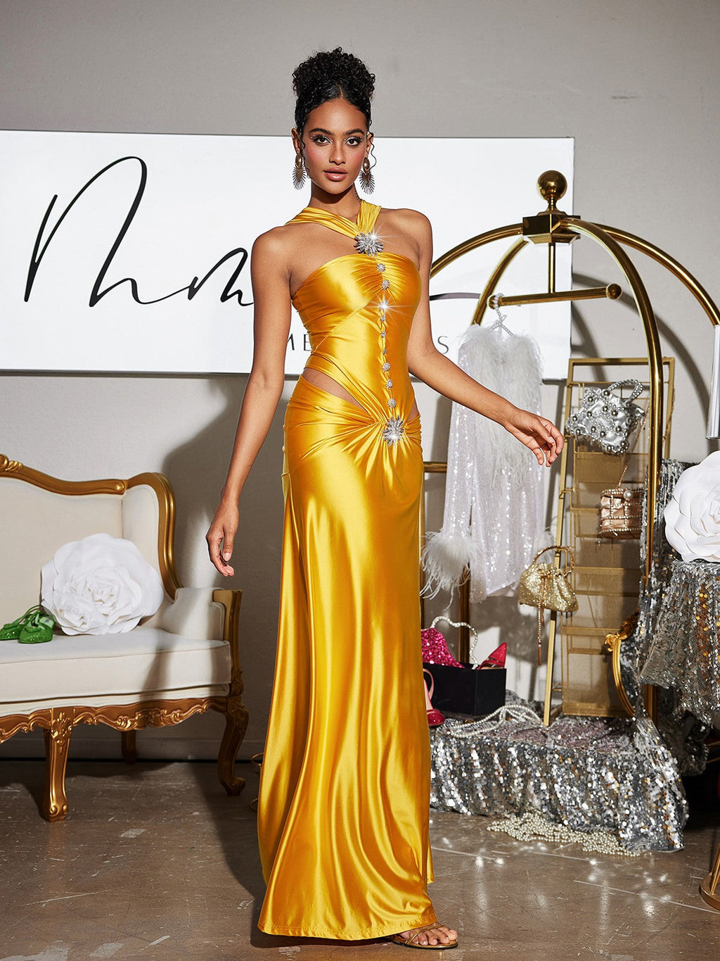 Crystal Cutout Satin Maxi Dress